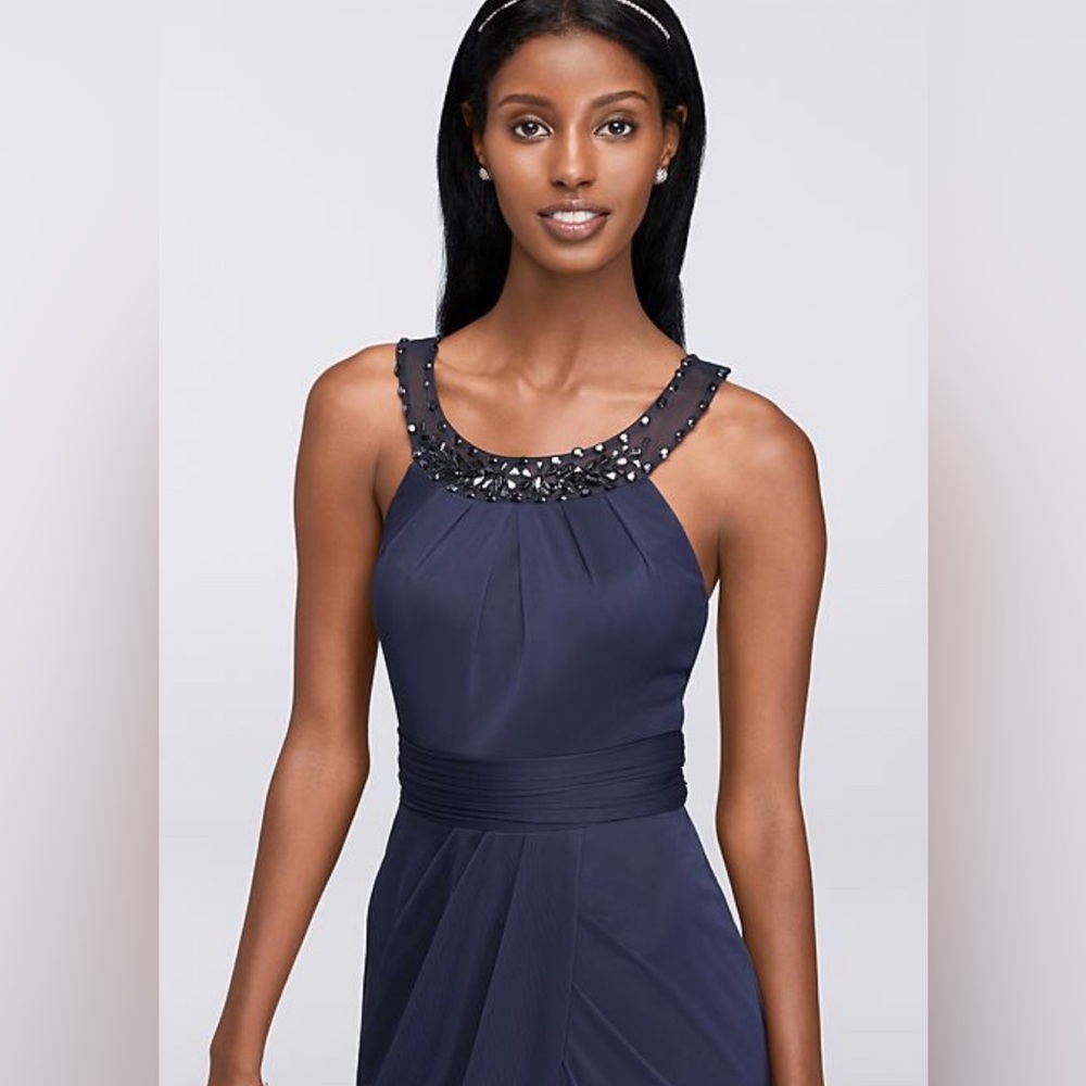 David’s Bridal Size 8 Navy Blur Beaded Collar Dress - Picture 2 of 3